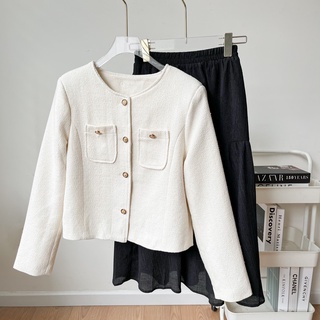 Áo khoác vest cổ tròn vải tweed màu kem lenclothing 885100