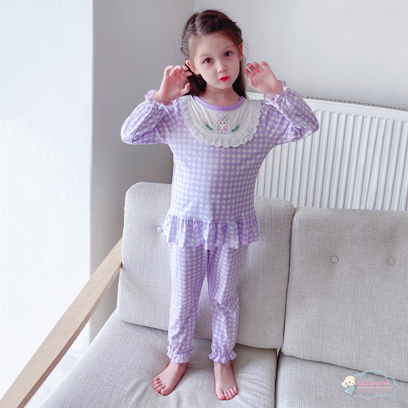 Bộ Đồ Ngủ 2 Món Áo + Quần Dài In Họa Tiết Caro Dễ Thương Thoải Mái Thân Thiện Với Da Cho Bé Gái