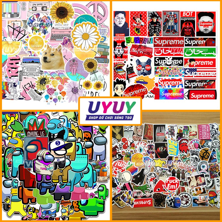 Combo 100 Miếng Sticker Siêu Chất Cute, Kool Ngầu Nhiều Chủ Đề Dán Valy, Nón BH, Ván Trượt Chống Thấm