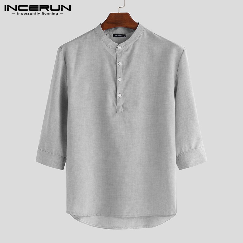 INCERUN Áo sơ mi nam tay lửng cổ chữ V màu trơn