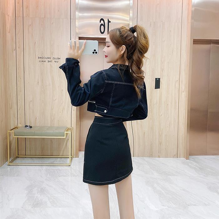 2022 Spring and Autumn new fashionable short fringed denim coat + high waist hip zipper skirt two suits for women