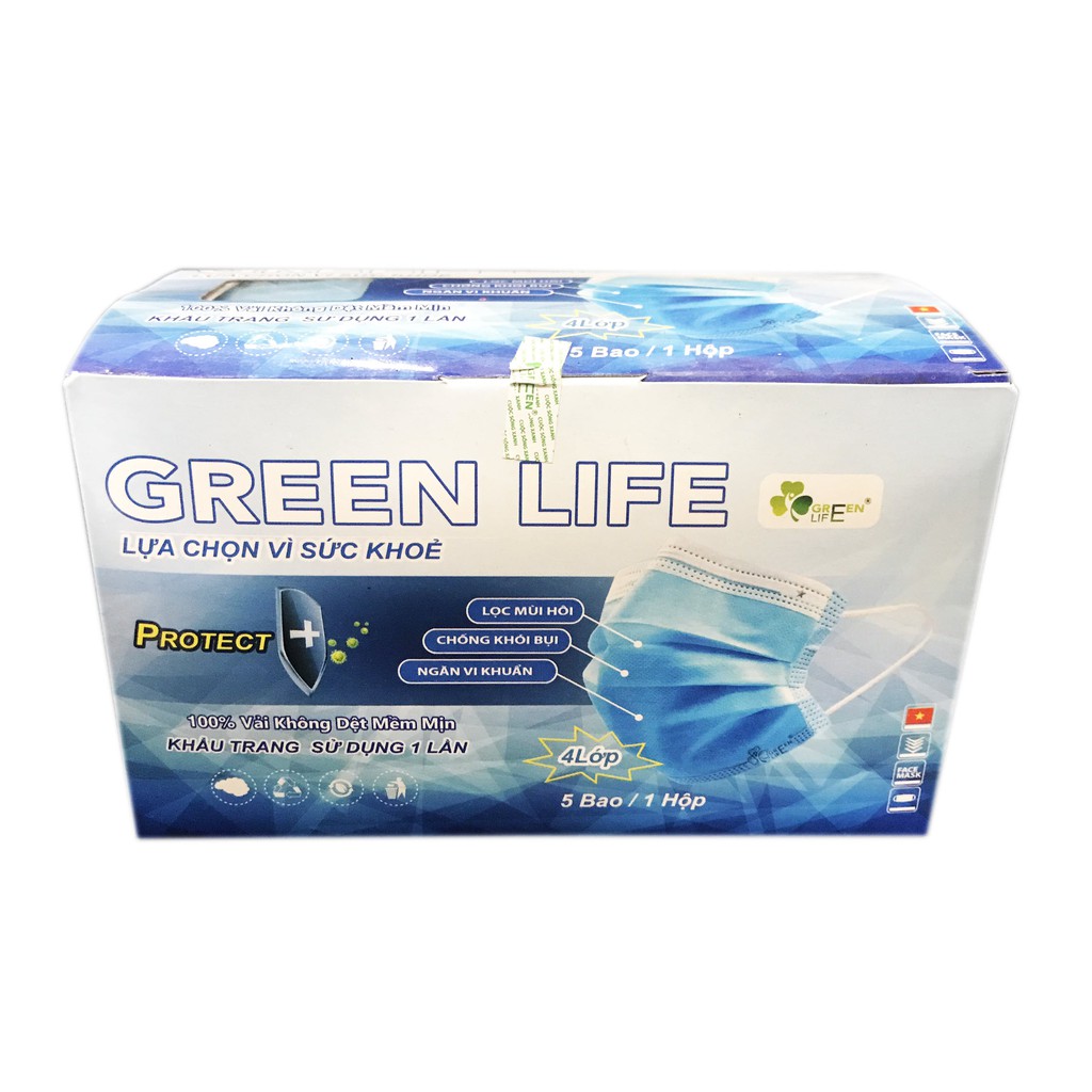 Khẩu Trang Y Tế 4 Lớp Vải không dệt Green Life - hộp 50 cái màu xanh