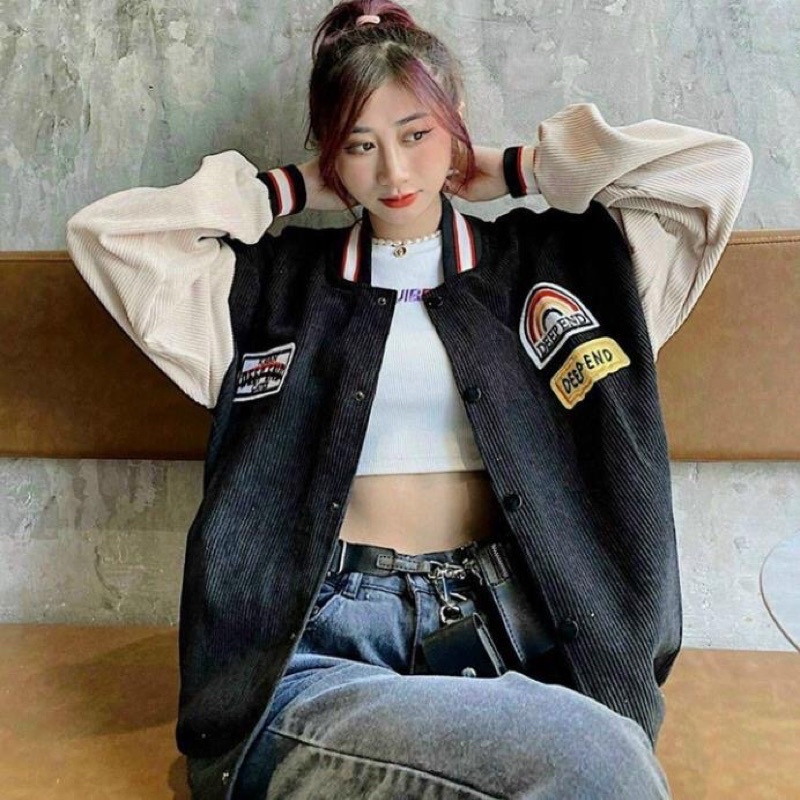 Áo khoác nhung, áo nhung bomer logo cầu vồng nam nữ cúc bấm sumisu shop 001
