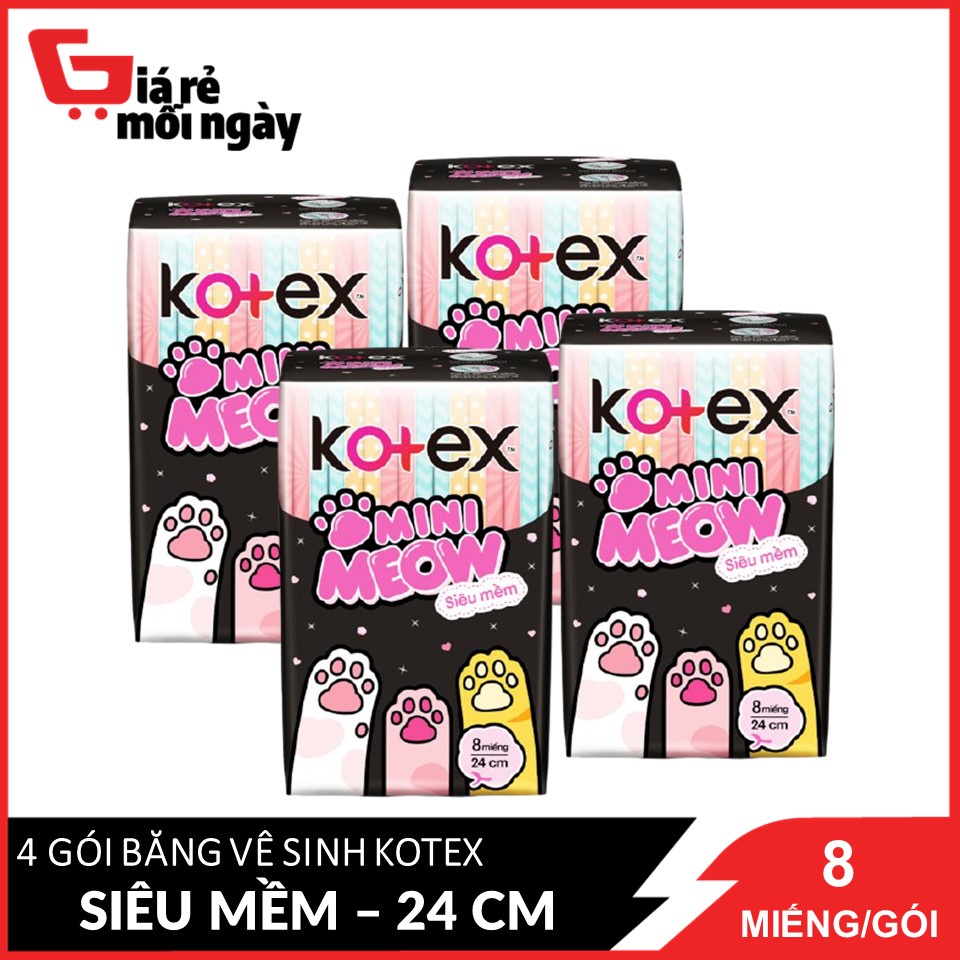 Combo 4 Băng Vệ Sinh Kotex Mini Meow Siêu Mềm 8 Miếng - 24 Cm