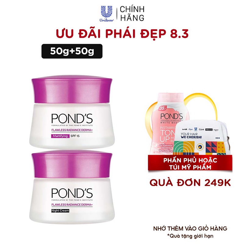 Combo Kem Dưỡng Ẩm Pond's Flawless Radiance Derma+ Ngày 50g + Đêm 50g