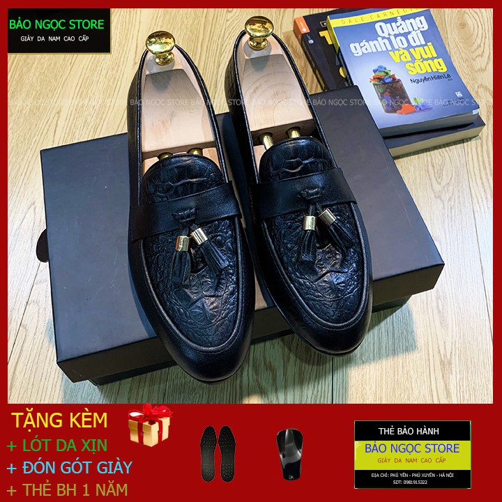Giày Lười Nam - Giày Da Nam Công Sở Dập Vân Cá Sấu - Da Bò Nguyên Tấm Băng Chuông - Màu Đen - Mã K666
