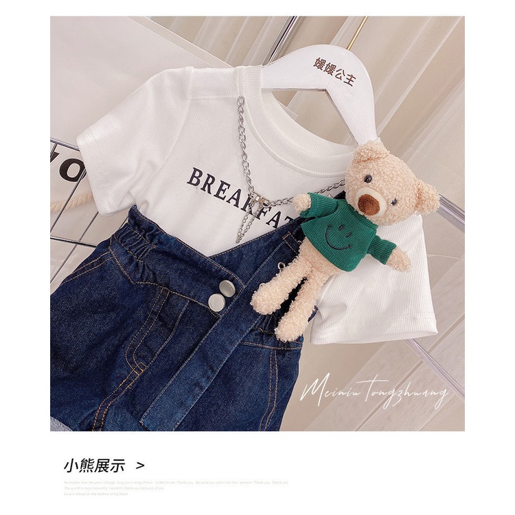 Set Áo Thun Ngắn Tay + Quần Yếm Denim 5 Món Thời Trang Mùa Hè Cho Bé Gái