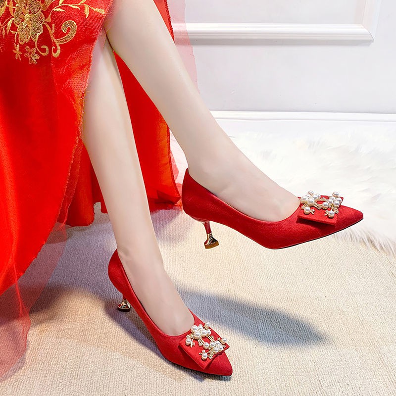 giày cưới nữ 2020 cao gót mùa xuân mới cho bà bầu, cô dâu dày màu đỏ, đế đơn tất cả các trận đấu
