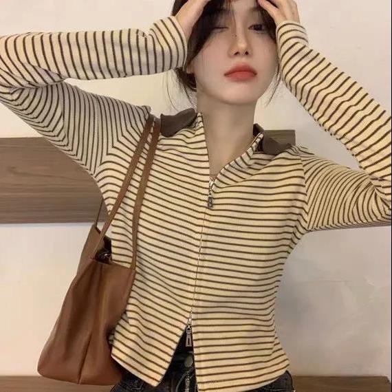 Áo thun cardigan tay dài kẻ sọc thời trang thu đông cho nữ 2021