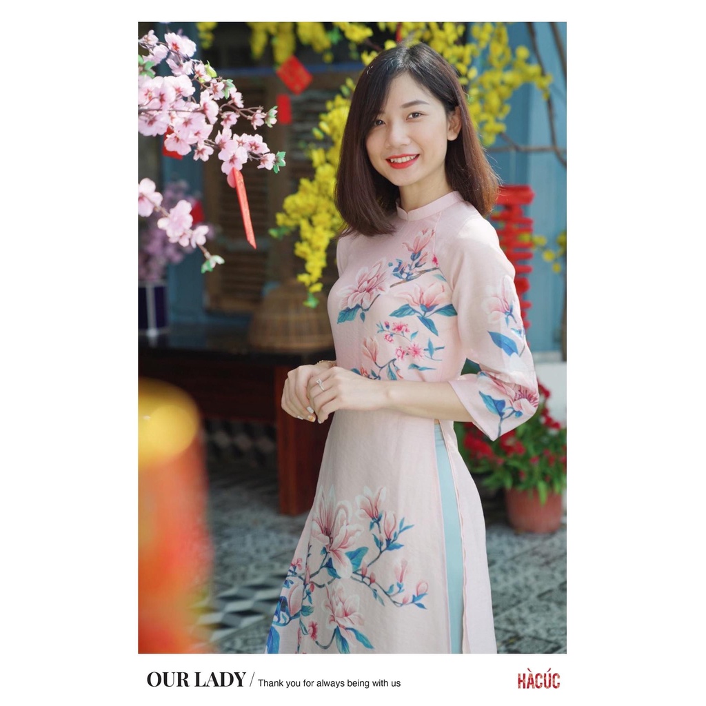 Bộ sưu tập áo dài sắc hoa màu hồng nhạt chất tơ đũi 4 tà mềm mịn không nhăn không nhàu Nét Việt