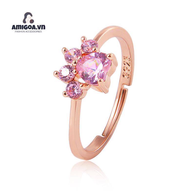 Nhẫn Mạ Bạc Hình Chân Mèo Đính Đá zircon Dễ Thương Có Thể Điều Chỉnh
