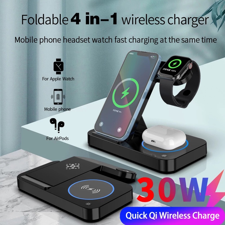 Đế Sạc Không Dây 30W 4 Trong 1 Có Thể Gập Lại Được Cho iPhone Samsung