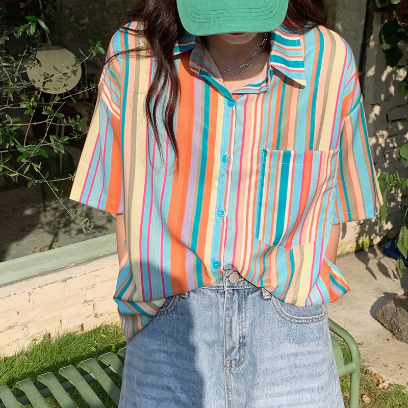 SUXI Áo sơ mi tay ngắn dáng rộng kẻ sọc màu cầu vồng thiết kế thời trang mùa hè cho nữ