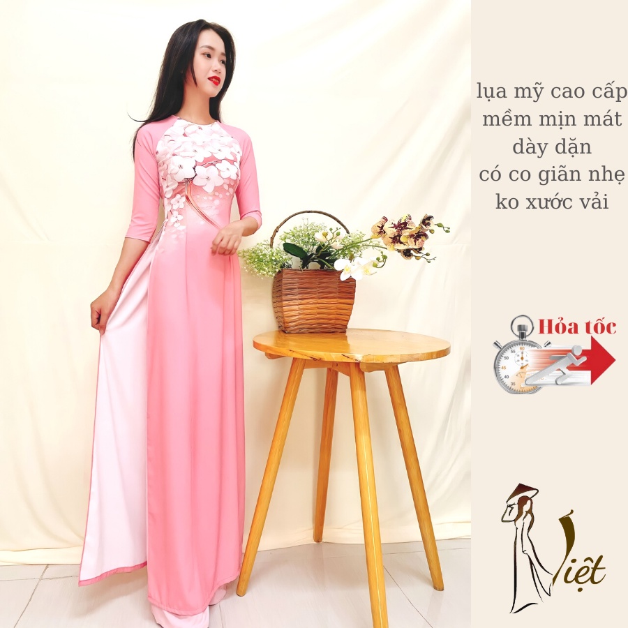 Áo dài hoa ngực màu hồng in 3D cổ tròn tay lỡ truyền thống may sẵn lụa mỹ cao cấp