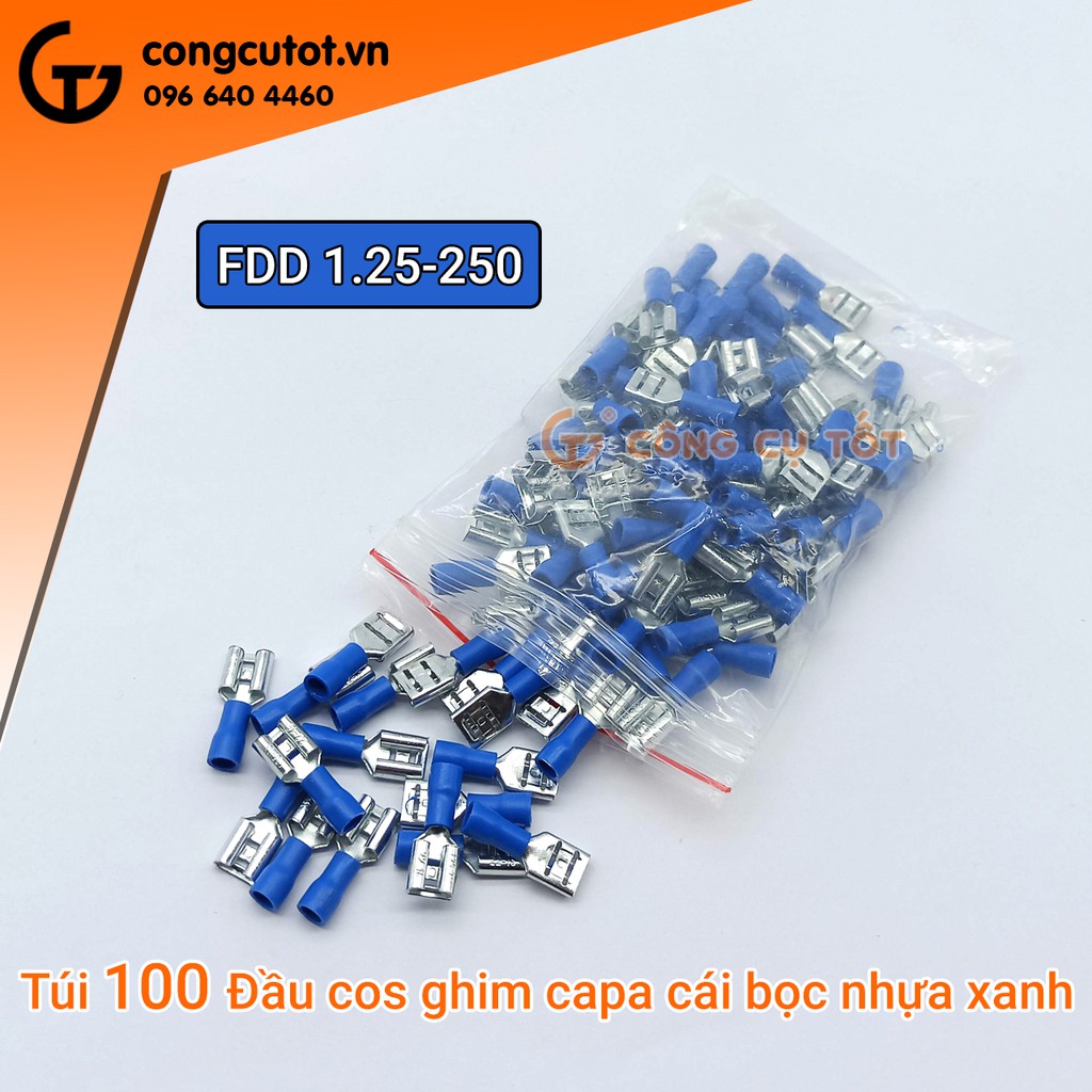 Túi 100 đầu cos ghim capa cái FDD 1.25-250 bọc nhựa xanh
