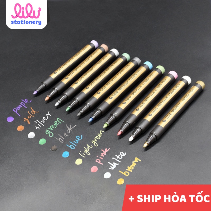 Bút nhũ marker metallic viết Caligraphy Trang Trí Sổ Bullet Journals. Mực ánh kim nét 2mm 9 màu STA8151