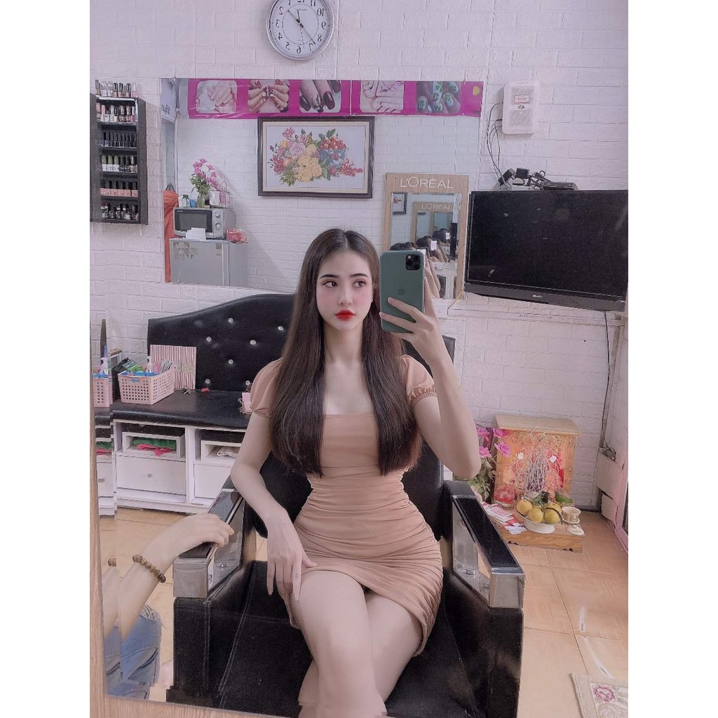 Đầm Ôm Body Cổ Vuông Tay Ngắn Xếp Ly,Mẫu Mới,Có Mút Ngực Đẹp Chất Ngất ,Siêu Xinh KEMPK( Chất Liệu Umi ) Mẫu Free size T | BigBuy360 - bigbuy360.vn