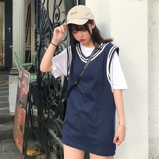 Set đầm suông viền kèm pull trắng