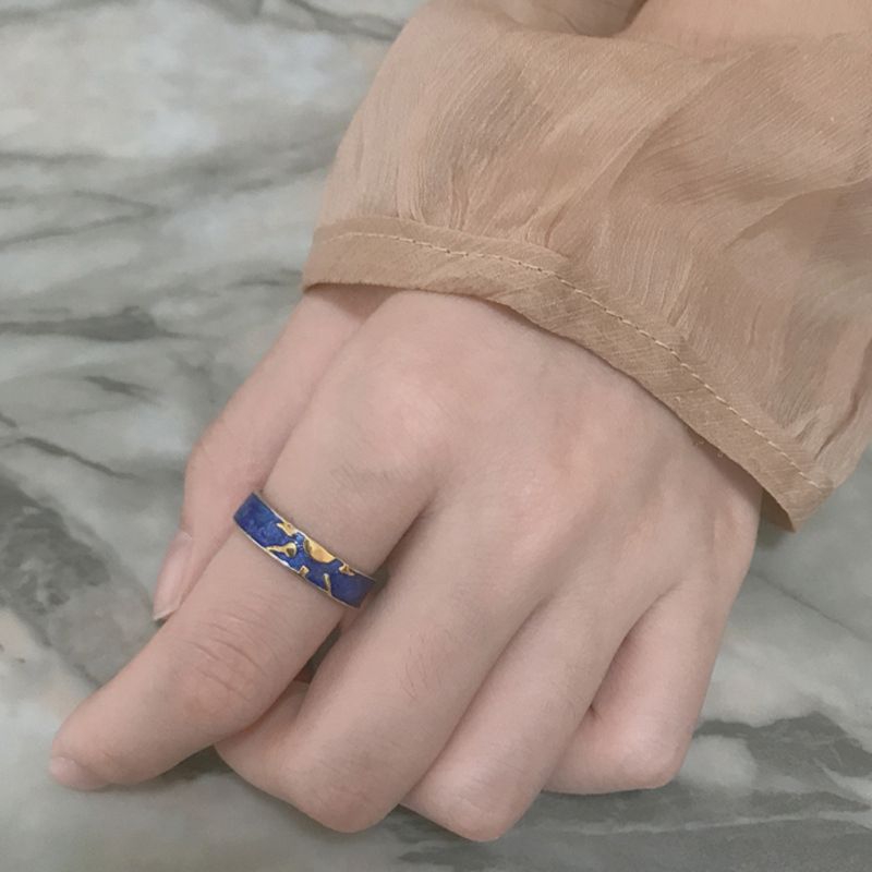*2Pcs Van Gogh Blue Starry Sky Open Ring Star Moon Always Thinking You Lover Ring