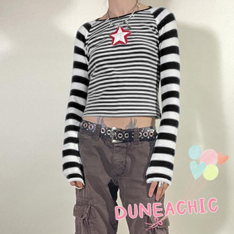 DUNEA Áo Croptop Tay Dài Kẻ Sọc In Hình Ngôi Sao Thời Trang Cho Nữ