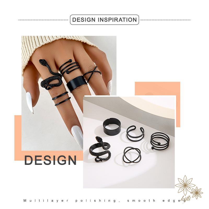 Bộ 5 Nhẫn Hình Rắn Đen Có Thể Điều Chỉnh Kích Cỡ Thời Trang Unisex