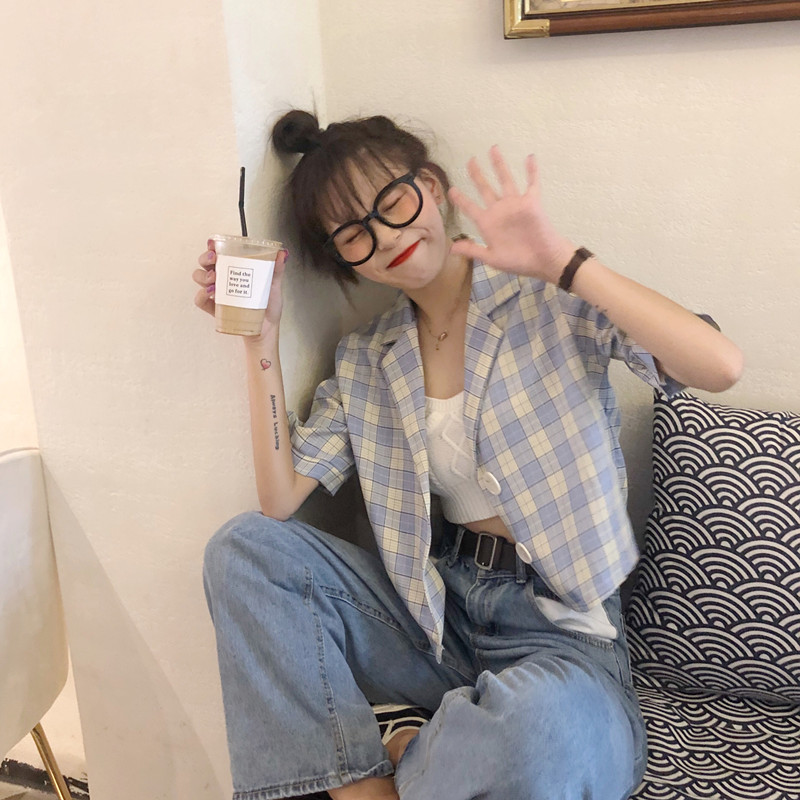 Áo blazer nữ đẹp 2021, Áo kiểu nữ cổ bẻ màu xanh Caro Phối Cúc Sang Chảnh Thời Trang Hàn Quốc | BigBuy360 - bigbuy360.vn