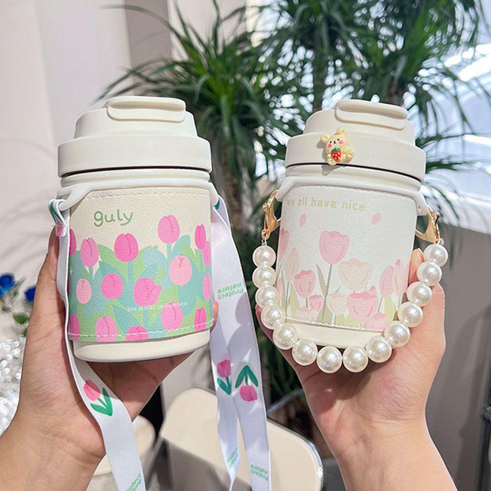 Bình Nước Giữ Nhiệt 450ml Có Tay Cầm Hình Hoa Tulip Dễ Thương