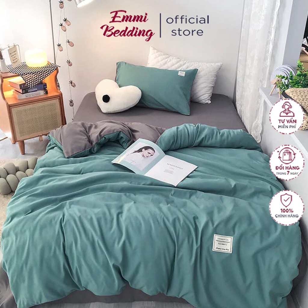 Bộ Chăn Ga Gối Cotton TC Emmidecor xanh ngọc ga ghi