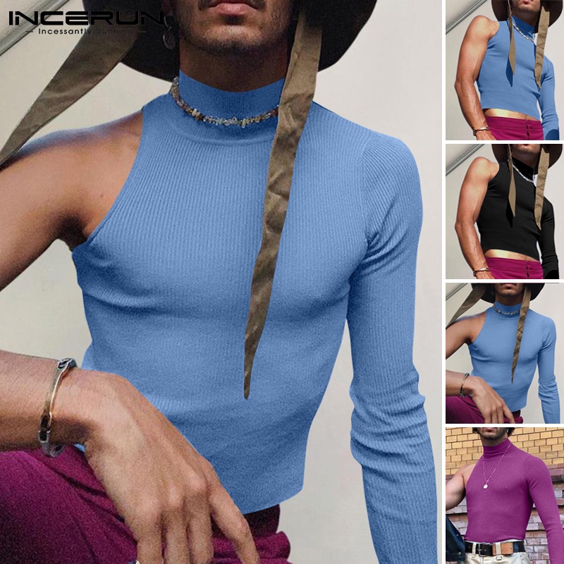 Áo thun thân ngắn INCERUN dáng ôm vừa vặn tay tay dài một bên 3 màu tùy chọn thời trang cho nam