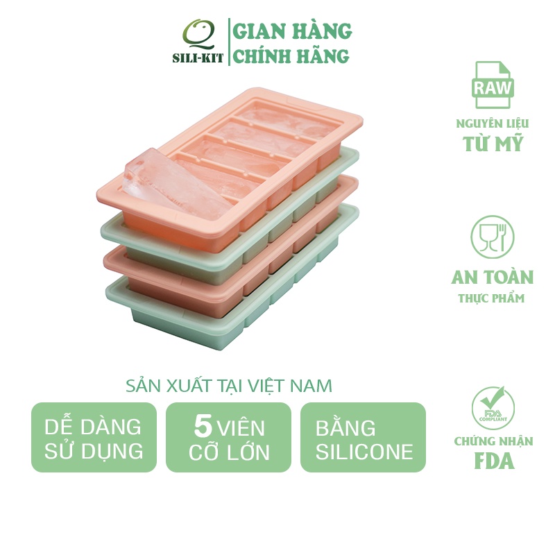 Khay đá silicon cao cấp 5 ngăn cỡ lớn SILIKIT, làm đá uống bia, làm kem, khuôn làm thạch có độ bền cao