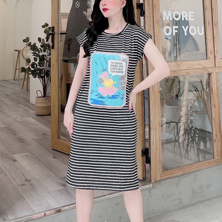 Váy Suông Dáng Dài Đầm Cổ Tròn Họa Tiết Chú Chó Mũi Hồng Chất Cotton Co Dãn