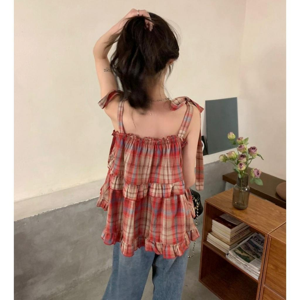 Áo kiểu nữ, Áo babydoll chất thô dây nữ kẻ caro vintage Hàn Quốc SM172