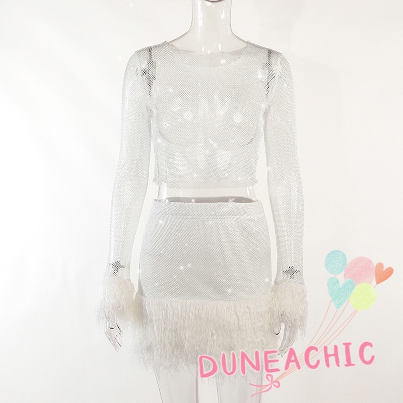 Bộ đồ DUNEA gồm áo tay dài cổ tròn phối chân váy tua rua lưng cao thời trang dành cho nữ