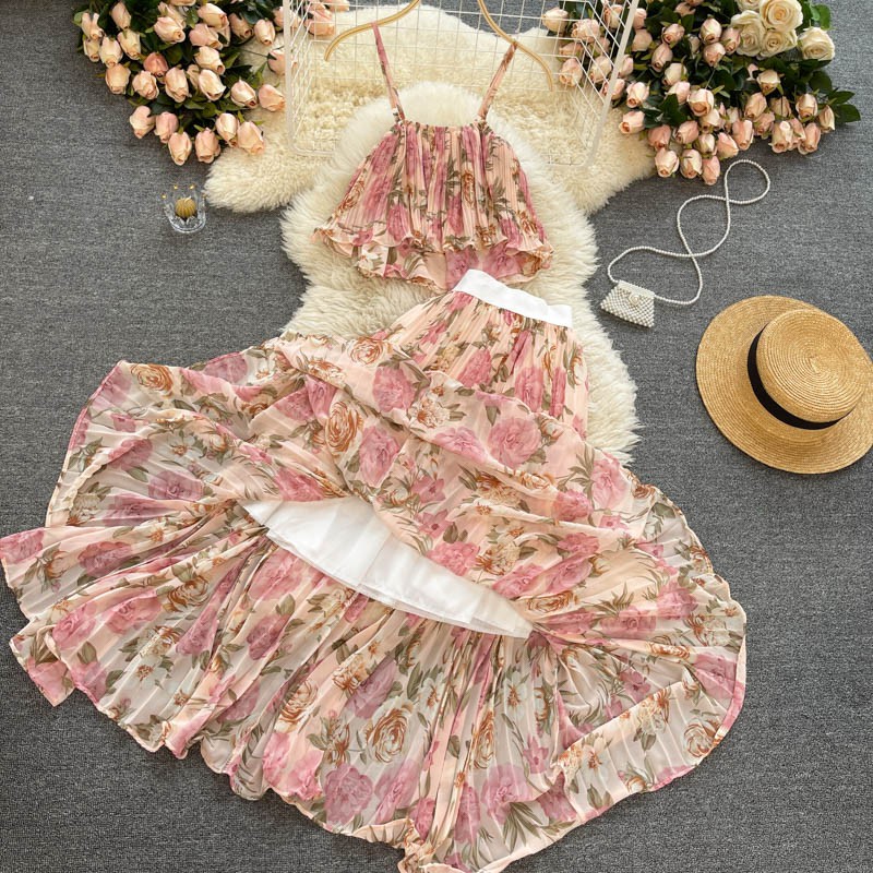 Váy Maxi Đi Biển Set Váy Hai Dây Voan Hoa Cho Mùa Hè 2022