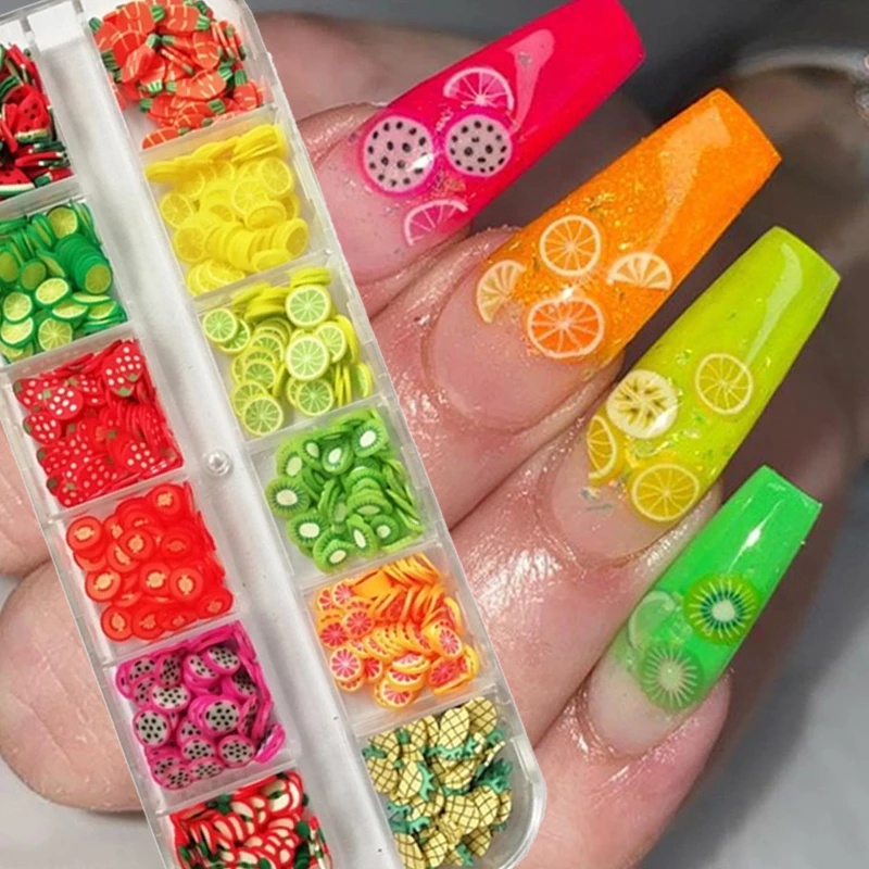 [Hàng mới về] Hộp 12 ngăn đựng phụ kiện trang trí móng tay 3d hình hoa/trái cây