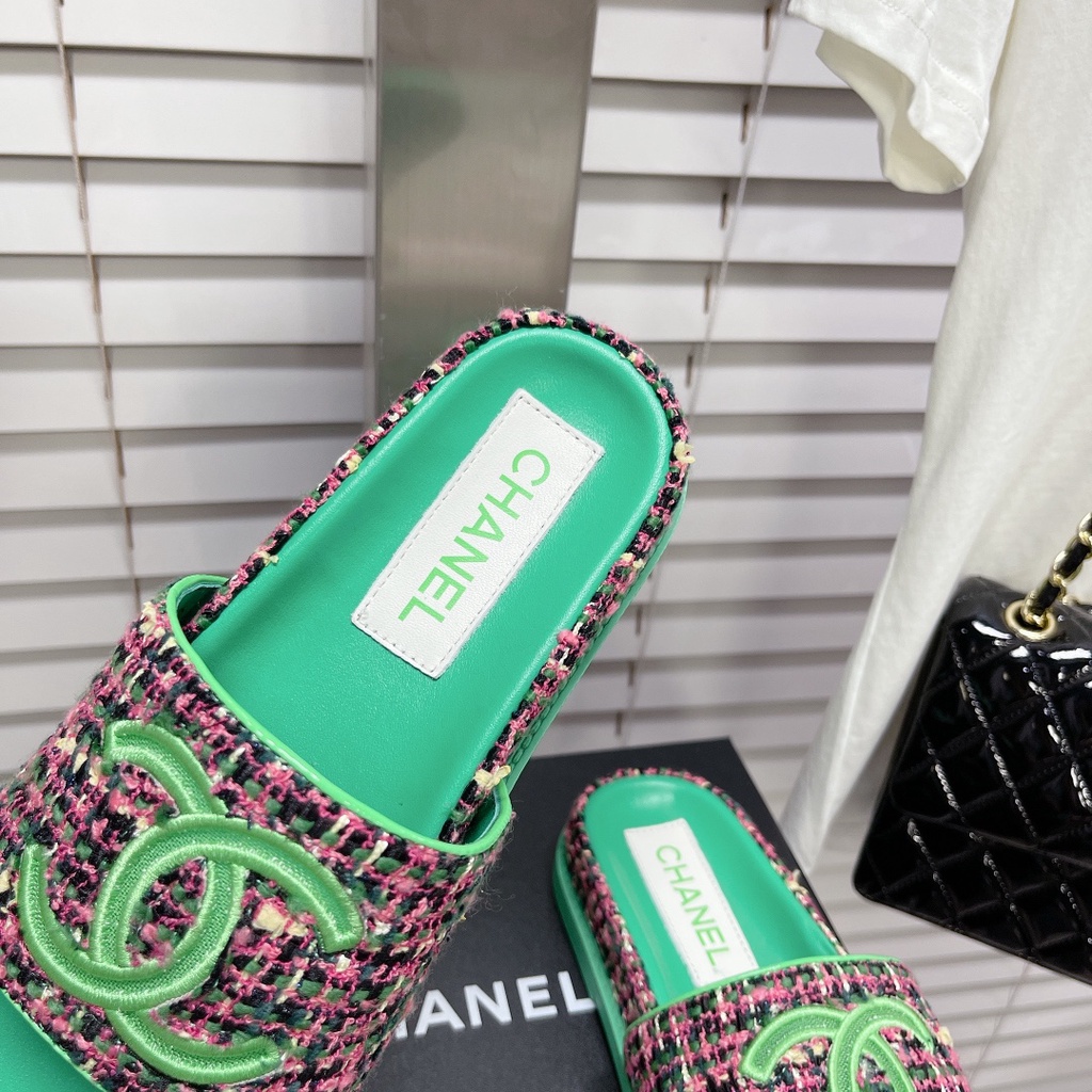 Dép nữ da thật thời trang cao cấp 𝘾𝙝𝙖𝙣𝙚𝙡 𝘾𝙝𝙖𝙣n𝙚𝙡 CN thiết kế dạ tweed, phong cách cá tính