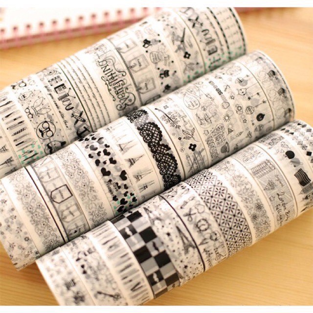 Băng dính giấy Sticker trang trí 3m - Băng dính dán giấy washi siêu đẹp nhiều mầu sắc đen trắng