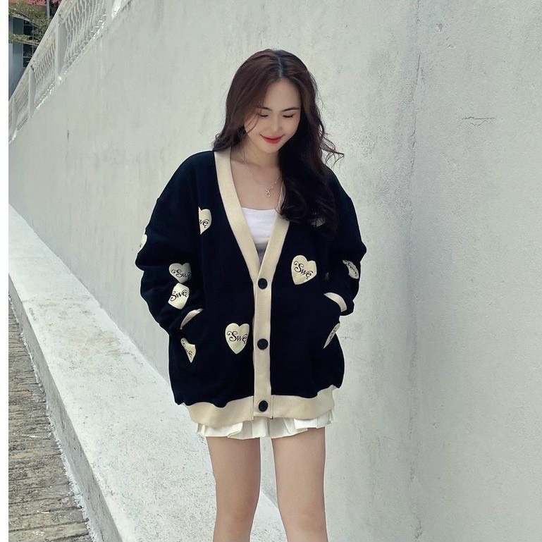 Áo khoác Cardigan SWE form rộng BLACK/CREAM