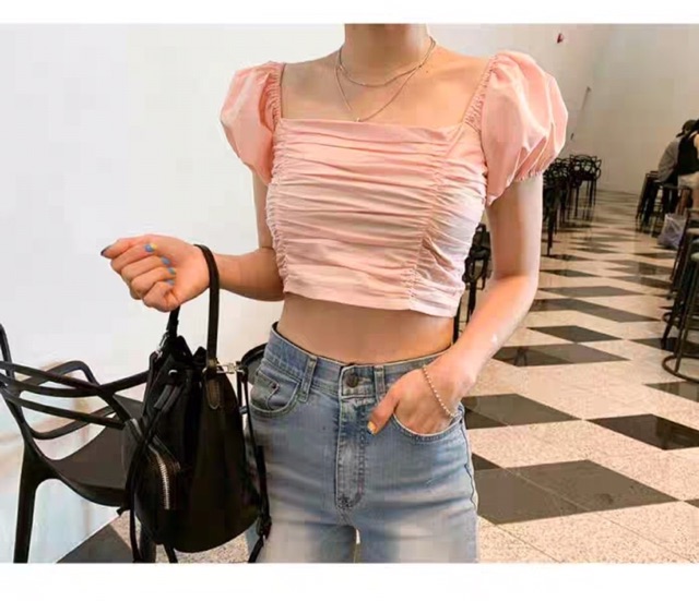 Áo croptop nhún 2 bên bẹt vai 3 màu