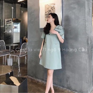 VÁY SUÔNG XANH NGỌC CHẤT ĐŨI KÈM NƠ VAI