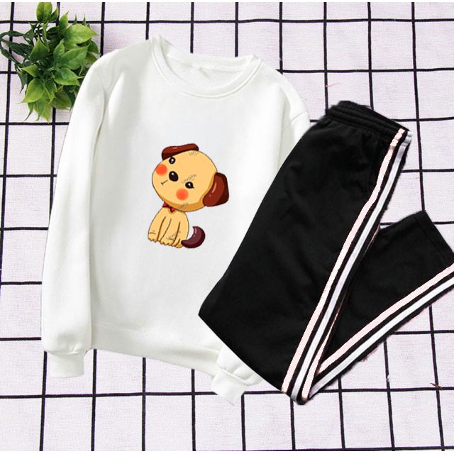 Combo Đi Chơi ,Tập Thể Thao,Đi Học ,Gồm Áo Phông Dài Tay In Hình Chú Cún Nhỏ Mix Quần Thun Dài Ống Suông Kẻ Bên