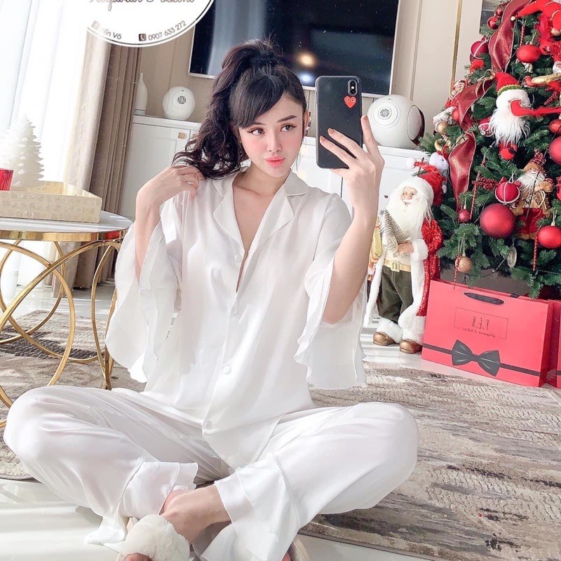 Bộ pijamma tiểu thư có cổ trắng hãng LULU VILL lụa satin cao cấp quảng châu