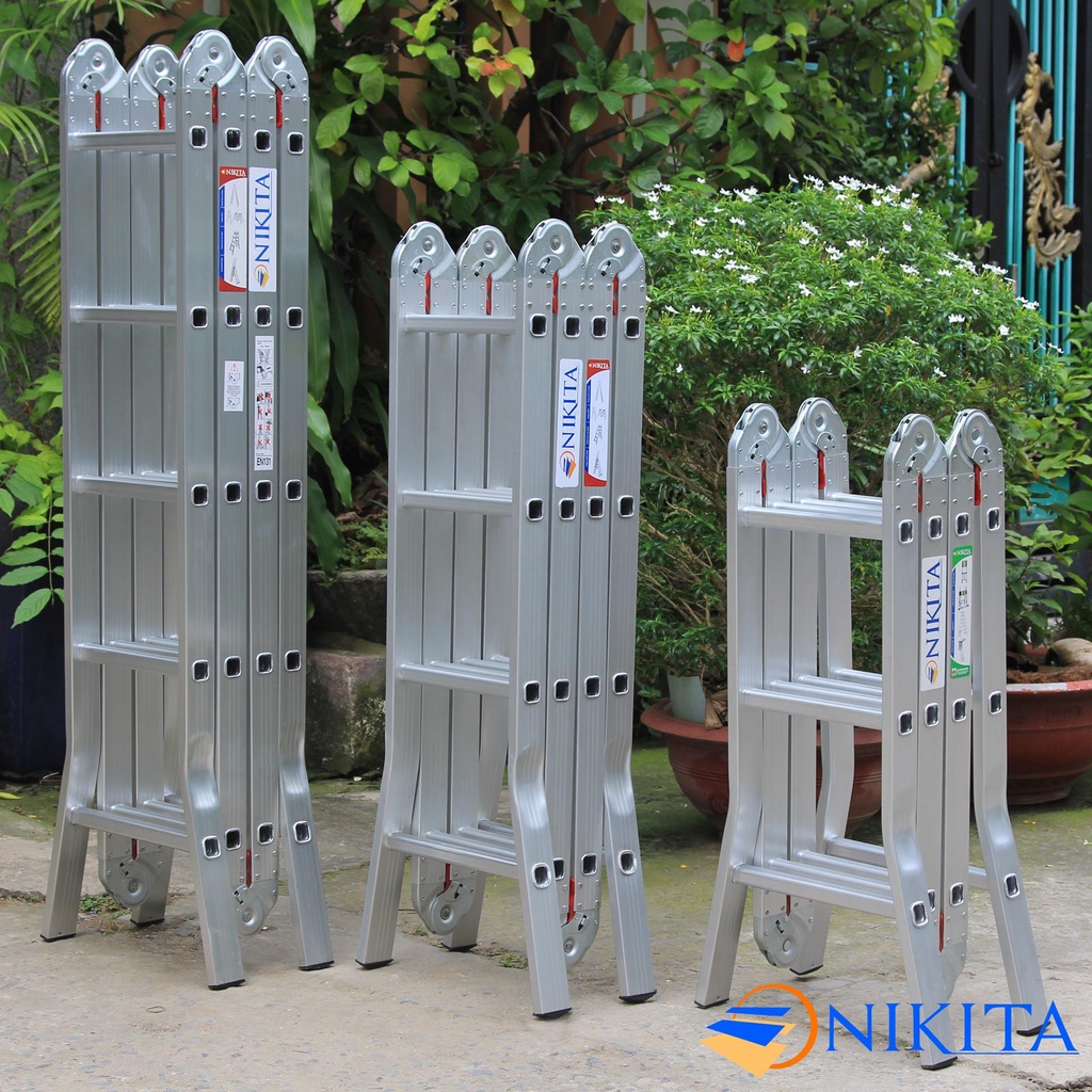 Thang nhôm gấp bốn khúc, Khóa thang tự động, bậc thang đột ba nấc, an toàn, tiện dụng, đa năng - Hàng hãng NIKITA 2023