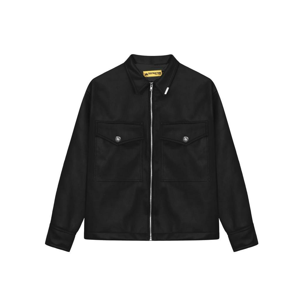 Áo khoác da local brand Destruction màu đen cổ bẻ form boxy