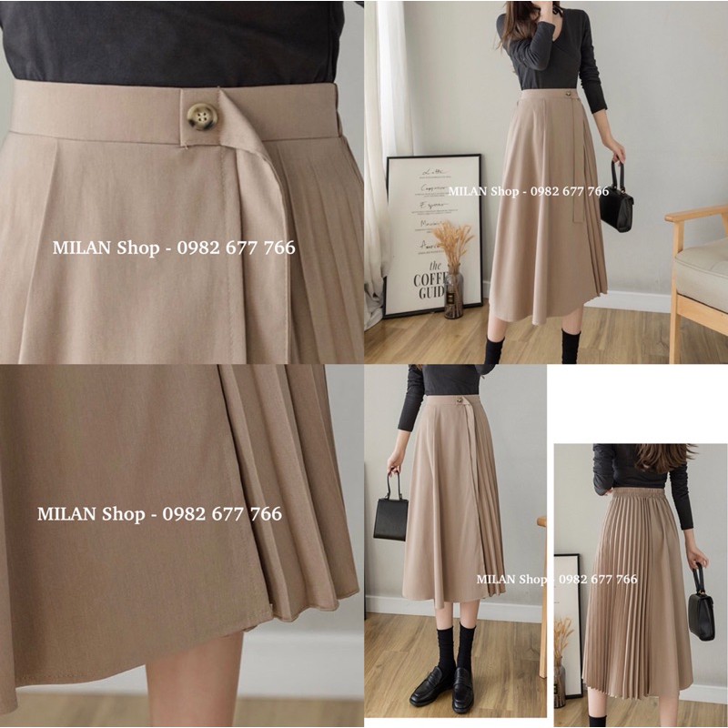 Chân váy dài qua gối phối dập ly midi thời trang mới