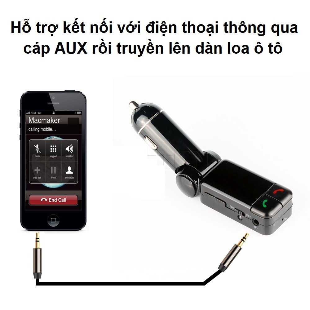Tẩu sạc nghe nhạc trên ô tô, kết nối điện thoại qua Bluetooth, kết nối âm thanh trên xe qua sóng FM