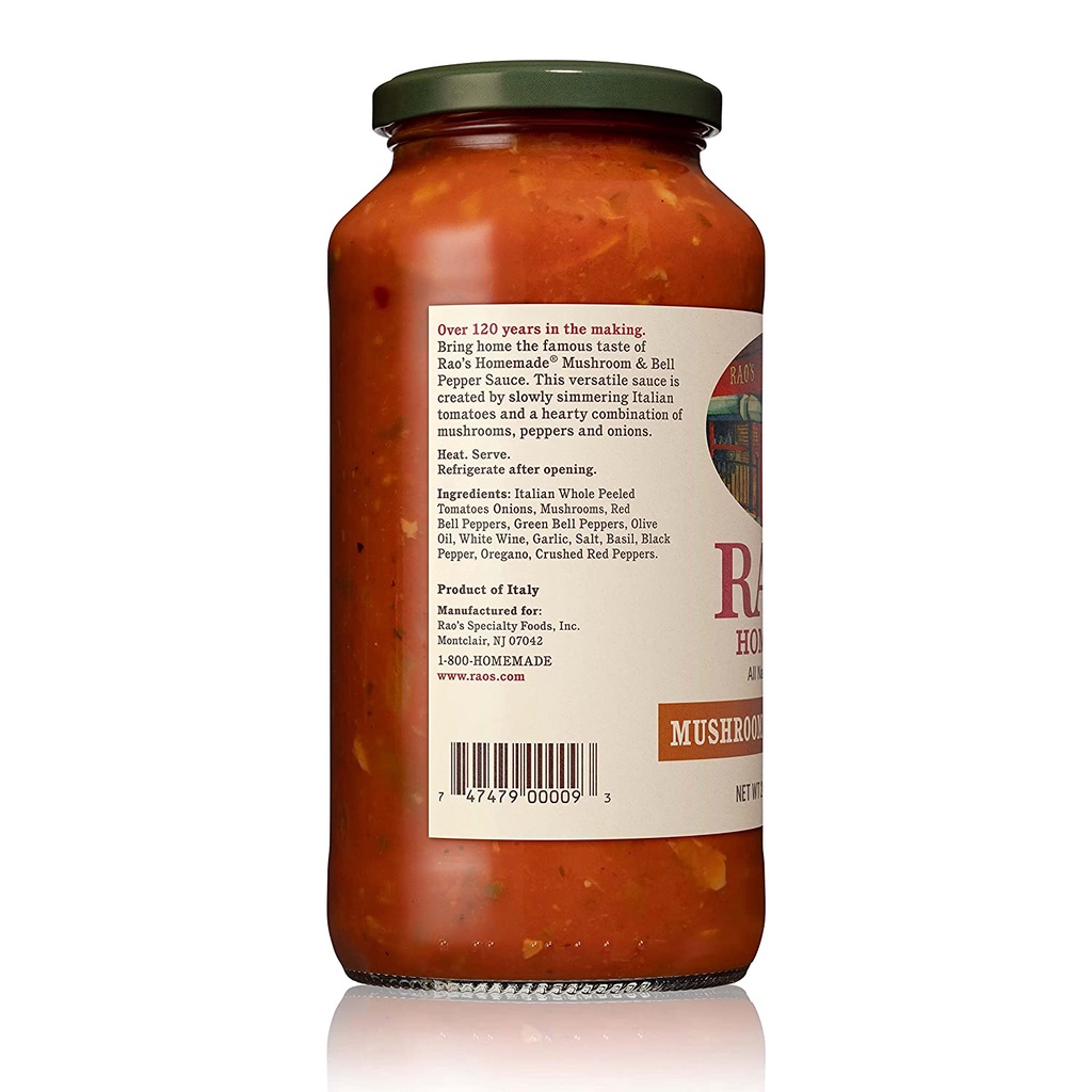 SỐT NẤM - ỚT CHUÔNG LÀM PASTA/MÌ Ý/PIZZA Rao's Homemade Tomato Sauce, Mushroom &amp; Bell Pepper, Vegan, Keto Friendly, 680g