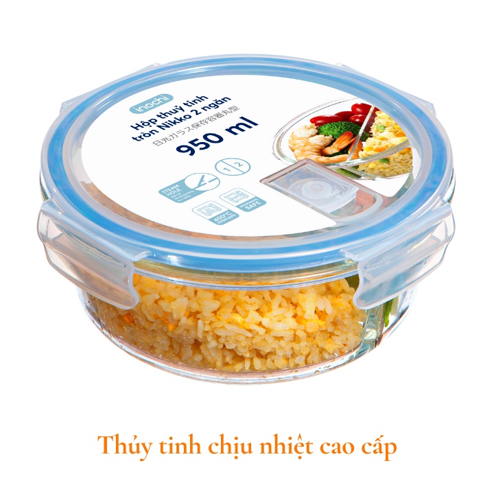 Hộp cơm thủy tinh đựng thức ăn văn phòng, thực phẩm tròn Inochi Nikko Nhật Bản chịu nhiệt, chia 2, 3 ngăn Vapu HCM