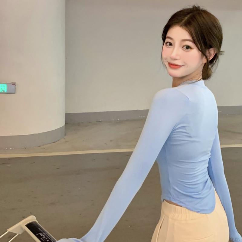 Áo thun tay dài cổ chữ V màu sắc đơn giản phong cách Hàn Quốc cho nữ