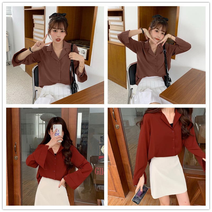 SUXI Áo Sơ Mi Tay Dài Màu Trơn Cổ Bẻ Thời Trang Mùa Thu Cho Nữ